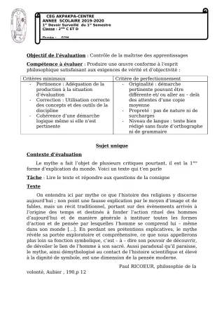 Première page de Philosophie 2nde C, 2nde D — 1er devoir surveillé, 1er semestre (2019-2020) · CEG 1 Akpakpa-Centre
