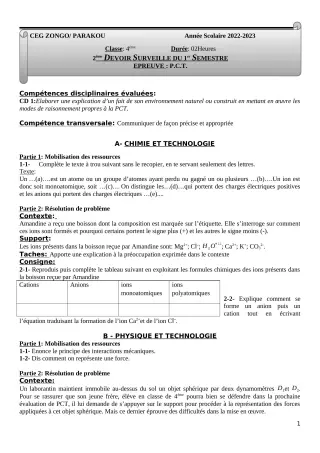 Première page de PCT 4e — 2e devoir surveillé, 1er semestre (2022-2023) · CEG ZONGO