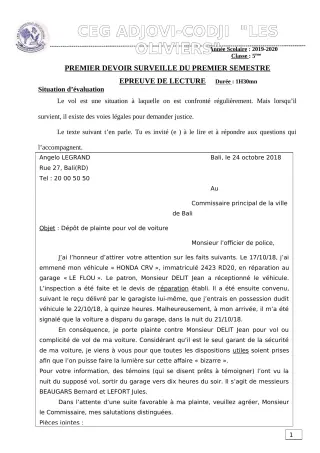 Première page de Français 5e — 1er devoir surveillé, 1er semestre (2019-2020) · CEG ADJOVICODJI 'LES OLIVIERS'