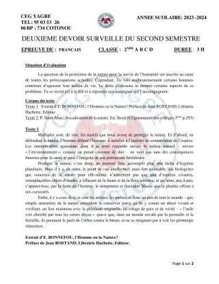 Première page de Français 2nde A1, 2nde A2, 2nde B, 2nde C, 2nde D — 2e devoir surveillé, 2e semestre (2023-2024) · CEG Yagbe