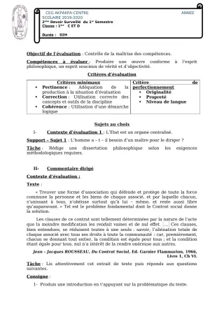 Première page de Philosophie 1ère C, 1ère D — 2e devoir surveillé, 1er semestre (2019-2020) · CEG 1 Akpakpa-Centre