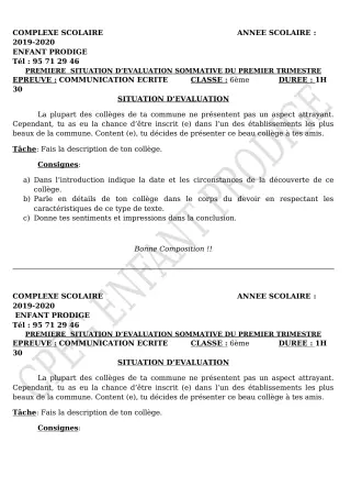 Première page de Français 6e — Évaluation sommative, 1er trimestre (2019-2020) · CPEG ENFANT PRODIGE
