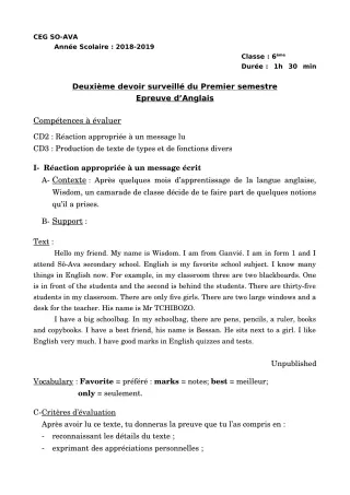 Première page de Anglais 6e — 2e devoir surveillé, 1er semestre (2018-2019) · CEG Sô-Ava