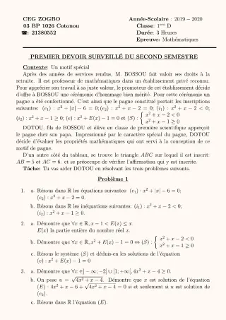 Première page de Mathématiques 1ère D — 1er devoir surveillé, 2e semestre (2019-2020) · CEG ZOGBO
