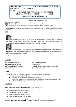 Première page de Allemand 4e ML — 1er devoir surveillé, 1er semestre (2020-2021) · CEG ZONGO