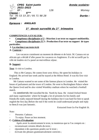 Première page de Anglais 5e, 1ère A2, 1ère B, 1ère C, 1ère D — 1er devoir surveillé, 1er trimestre (2021-2022) · CPEG SAINT Justin