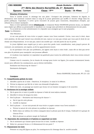 Première page de Français 5e — 1er devoir surveillé (2020-2021) · CEG SEKERE