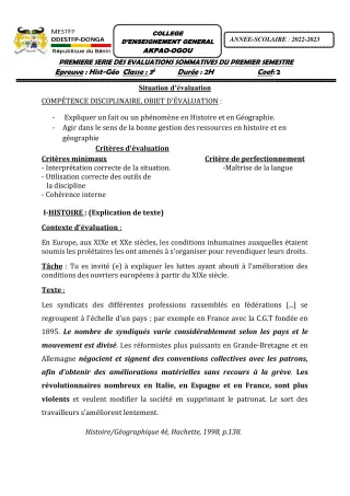 Première page de Histoire-Géographie 3e — 1re évaluation sommative, 1er semestre (2022-2023) · CEG Akpao-Ogou