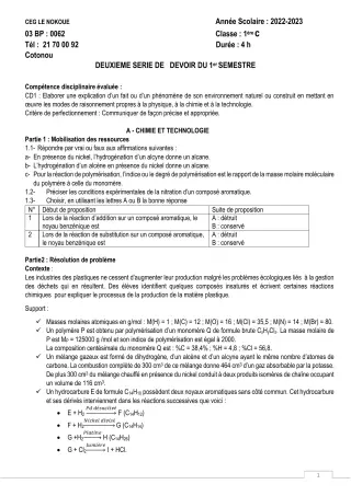 Première page de PCT 1ère C — Composition, 1er semestre (2022-2023) · CEG LE NOKOUE