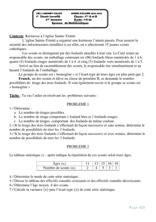 Première page de Mathématiques 1ère A & B — 1er devoir surveillé, 2e semestre (2023-2024) · CEG2 ABOMEY - CALAVI (CEG ZOCA)