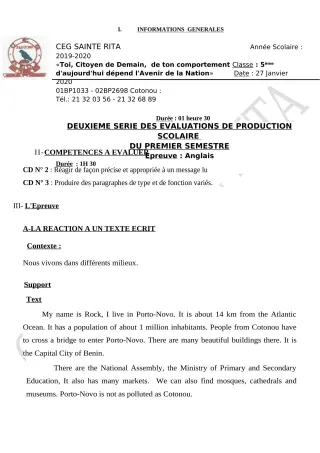 Première page de Anglais 6e, 5e, 4e ML&MC, 3e, 3e ML, 2nde A2, 2nde B, 2nde C, 2nde D, 1ère A2, 1ère B, 1ère C, Tle A2, Tle B, Tle C, Tle D — Production scolaire, 1er semestre (2019-2020) · CEG Sainte Rita