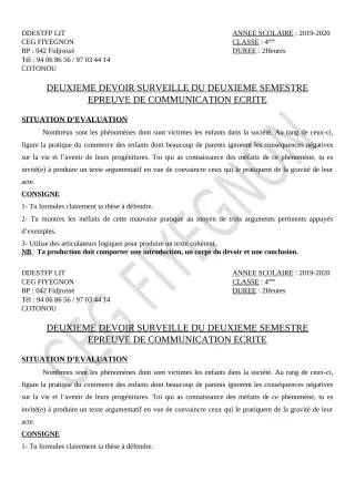 Première page de Français 4e, 4e ML — 2e devoir surveillé, 2e semestre (2019-2020) · CEG FIYEGNON