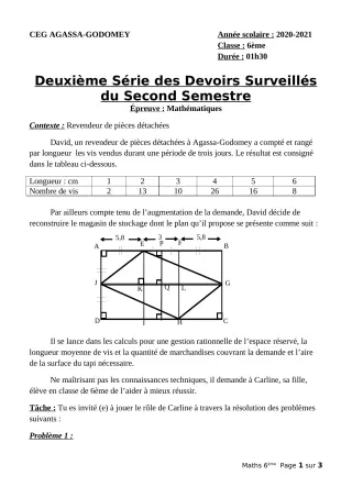 Première page de Mathématiques 6e — 2e devoir surveillé, 2e semestre (2020-2021) · CEG Agassa Godomey
