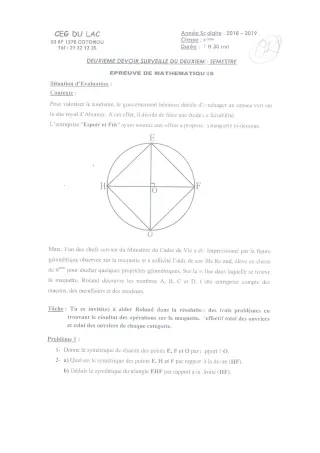 Première page de Mathématiques 6e — 2e devoir surveillé (2018-2019) · CEG du Lac