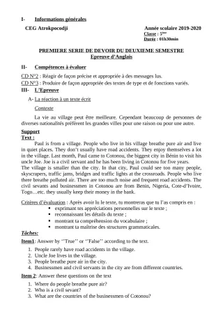 Première page de Anglais 5e — 1er devoir surveillé, 2e semestre (2019-2020) · CEG ATROKPOCODJI