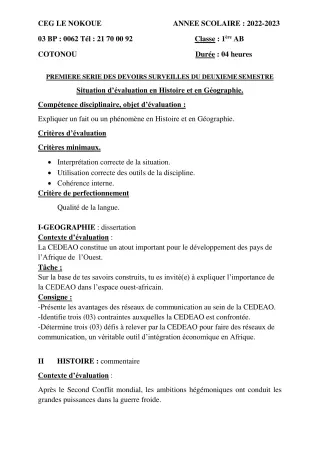Première page de Histoire-Géographie 1ère A1, 1ère B — 1er devoir surveillé, 2e semestre (2022-2023) · CEG LE NOKOUE
