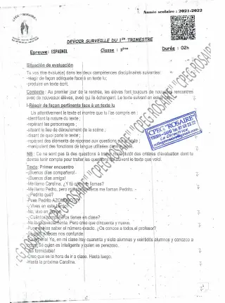 Première page de Espagnol 3e, 3e ML — Devoir surveillé (2021-2022) · CPEG ROSAIRE