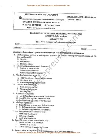 Première page de Informatique 5ème – Composition du 1er trimestre 2025-2026 – Matériel, logiciel et périphériques de l’ordinateur – Collège Catholique Père Aupiais
