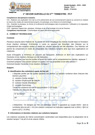 Première page de PCT Tle C — 1er devoir surveillé, 2e trimestre (2019-2020) · CPEG LE PHARAON