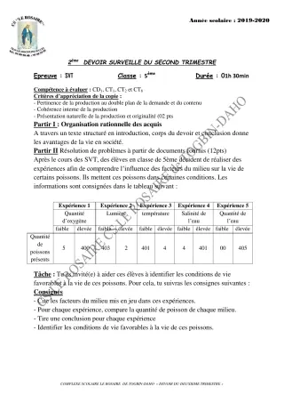 Première page de SVT 5e — 2e devoir surveillé, 2e trimestre (2019-2020) · CPEG ROSAIRE