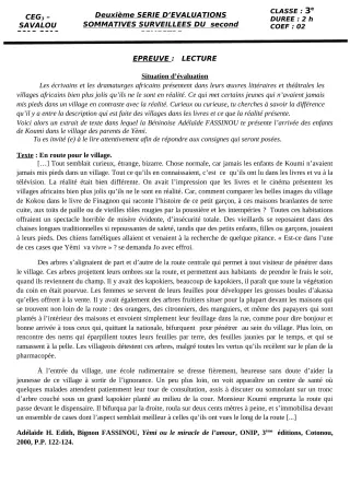 Première page de Français 3e, 3e ML — Évaluation sommative, 2e semestre (2018-2019) · CEG 3 SAVALOU