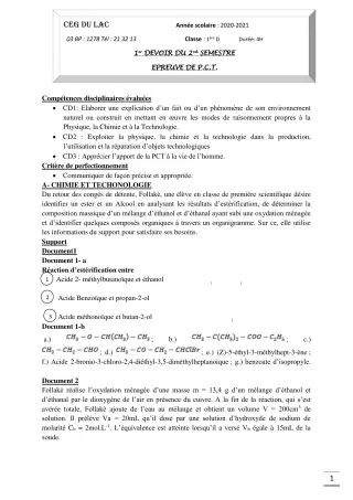 Première page de PCT 1ère D — Composition, 2e semestre (2020-2021) · CEG du Lac
