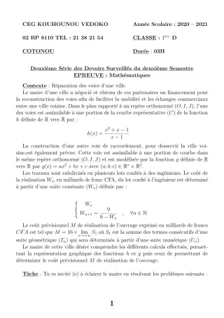 Première page de Mathématiques 1ère D — 2e devoir surveillé, 2e semestre (2020-2021) · CEG Kouhounou-Vêdoko