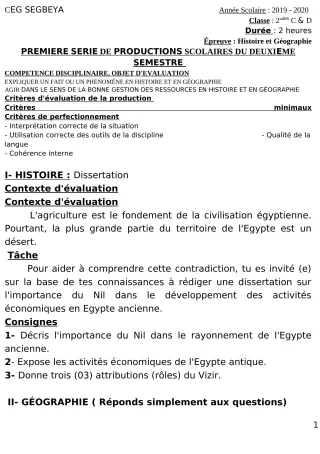Première page de Histoire-Géographie 2nde C, 2nde D — 1re production scolaire, 2e semestre (2019-2020) · CEG SEGBEYA
