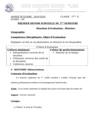 Première page de Histoire-Géographie 1ère D — 1er devoir surveillé, 1er semestre (2019-2020) · CEG ADJOVICODJI 'LES OLIVIERS'