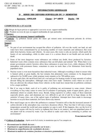 Première page de Anglais 2nde A1, 2nde A2, 2nde B, 2nde D — Devoir surveillé, 1er semestre (2022-2023) · CEG LE NOKOUE