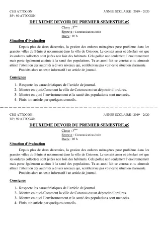 Première page de Français 3e, 3e ML — 2e devoir surveillé, 1er semestre (2019-2020) · CEG Attogon