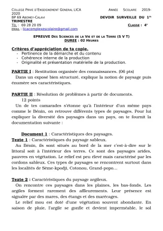 Première page de SVT 4e, 4e ML — Devoir surveillé, 1er trimestre (2019-2020) · CPEG LICA
