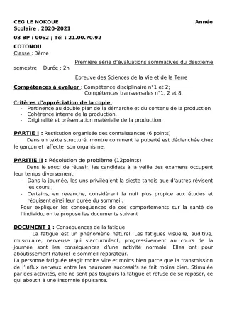 Première page de SVT 3e, 3e ML — Évaluation sommative (2020-2021) · CEG LE NOKOUE