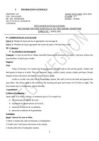 Première page de Anglais 6e — 2e devoir surveillé, 2e semestre (2019-2020) · CEG FIYEGNON