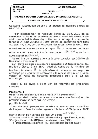 Première page de Mathématiques 2nde C, 1ère C, Tle A1, Tle A2, Tle D — 1er devoir surveillé, 1er semestre (2019-2020) · CEG Zinvié