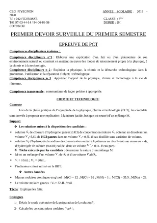 Première page de PCT 3e — 1er devoir surveillé, 1er semestre (2019-2020) · CEG FIYEGNON