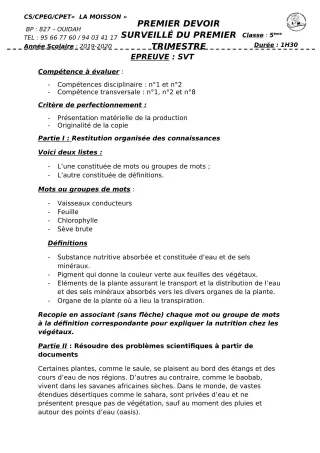 Première page de SVT 5e — 1er devoir surveillé (2019-2020) · CPEG La Moisson