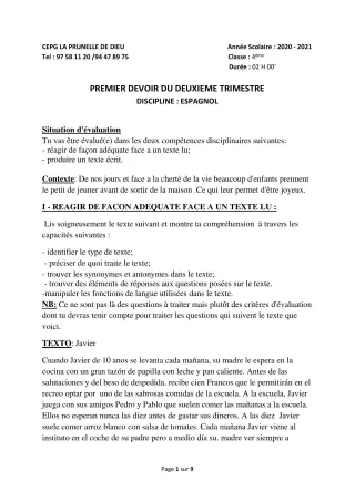 Première page de Espagnol 4e, 3e, 3e ML, 2nde B — 1er devoir surveillé, 2e trimestre (2020-2021) · CEPG La Prunelle de Dieu