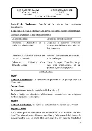 Première page de Philosophie 1ère C — 1er devoir surveillé, 2e semestre (2022-2023) · CEG2 ABOMEY - CALAVI (CEG ZOCA)