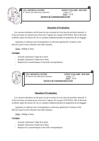 Première page de Français 5e — 1er devoir surveillé, 1er semestre (2019-2020) · CEG 1 Akpakpa-Centre