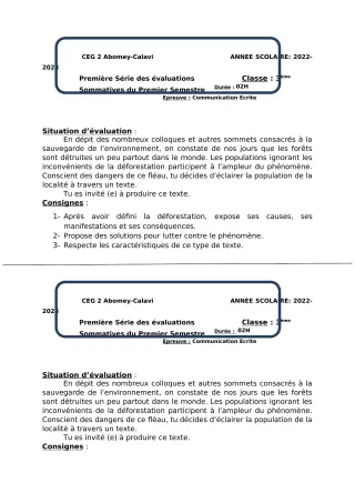 Première page de Français 3e — 1re évaluation sommative, 1er semestre (2022-2023) · CEG2 ABOMEY - CALAVI (CEG ZOCA)