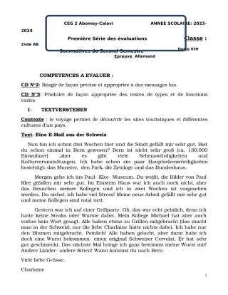 Première page de Allemand 2nde A & B — 1re évaluation sommative, 2e semestre (2023-2024) · CEG2 ABOMEY - CALAVI (CEG ZOCA)