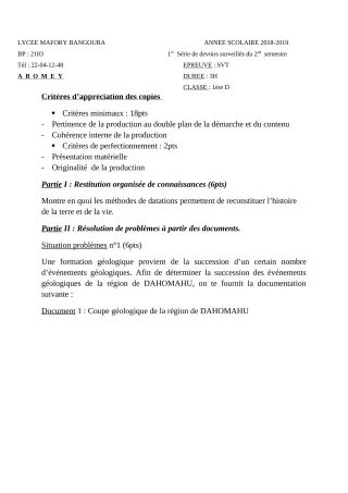Première page de SVT 1ère D — 1er devoir surveillé, 2e semestre (2018-2019) · Lycée Houegbadja d'Abomey (Ex Mafory Bangoura)