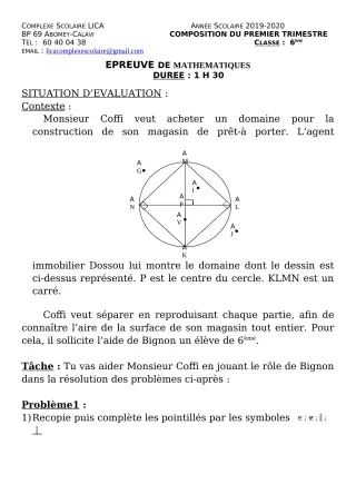 Première page de Mathématiques 6e — Composition, 1er trimestre (2019-2020) · CPEG LICA