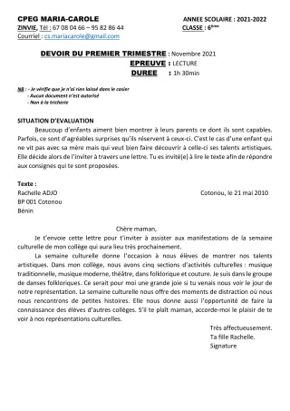 Première page de Français 6e — Devoir surveillé, 1er trimestre (2021-2022) · CPEG MARIA-CAROLE