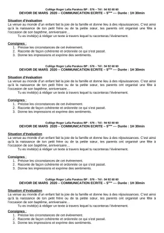 Première page de Français 5e, Tle A1, Tle A2, Tle B — Devoir surveillé (2019-2020) · CPEG Roger LAFIA