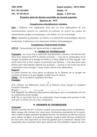 Première page de PCT 6e — 1er devoir surveillé, 2e semestre (2019-2020) · CEG AYOU