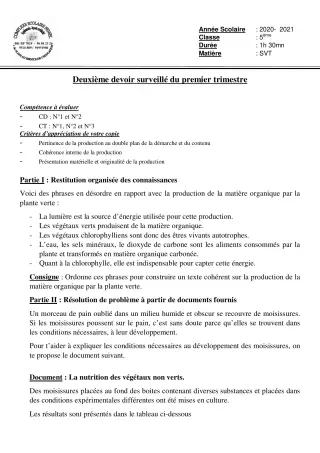 Première page de SVT 5e — 2e devoir surveillé, 1er trimestre (2020-2021) · CPEG PENIEL