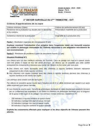 Première page de SVT Tle D — 1er devoir surveillé, 2e trimestre (2019-2020) · CPEG LE PHARAON