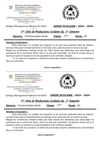 Première page de Français 3e ML — 1re production scolaire, 1er semestre (2023-2024) · CEG GOHO